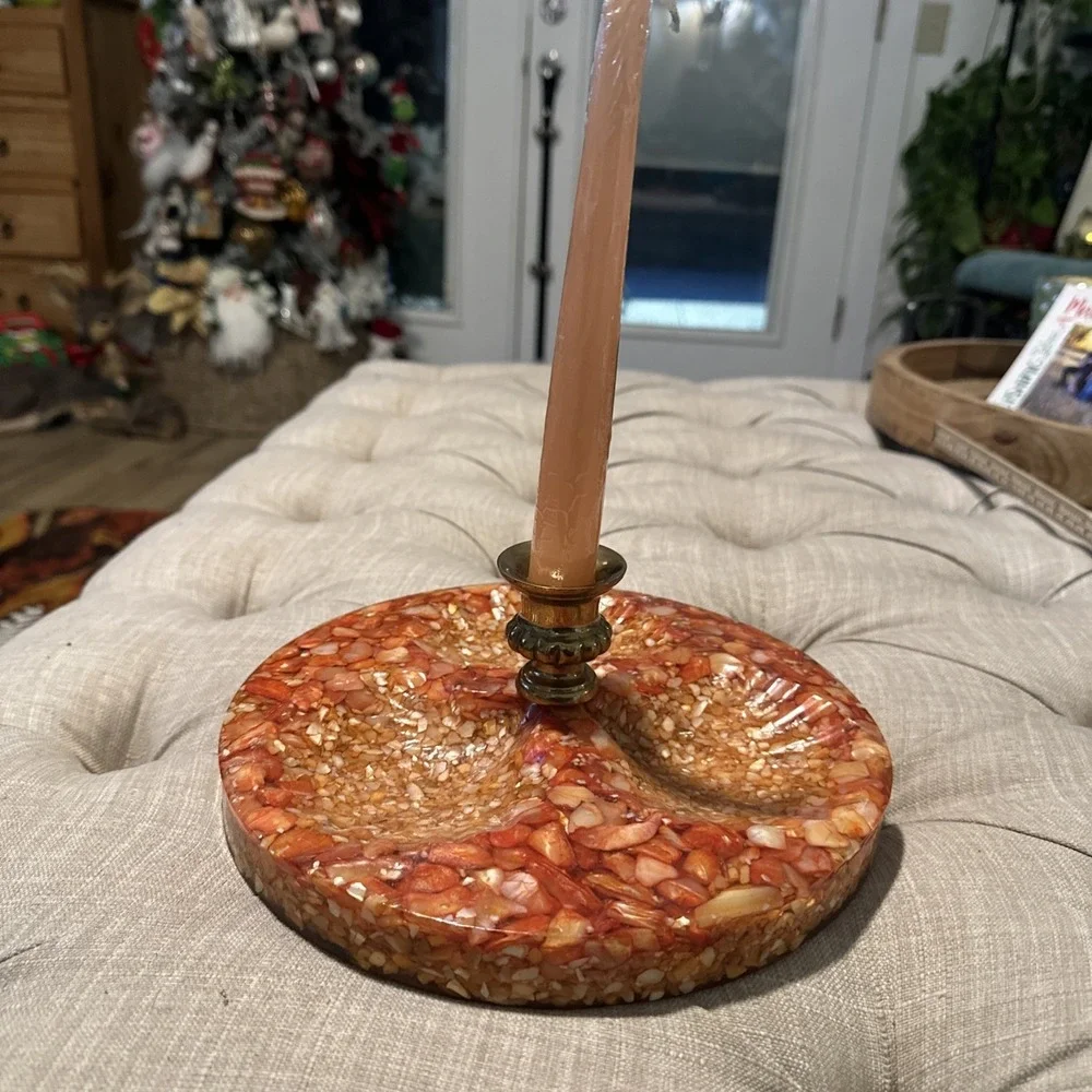 Vintage Mother Of Pearl Lucite Trinket/brass Candle Holder Orange Vomit 9